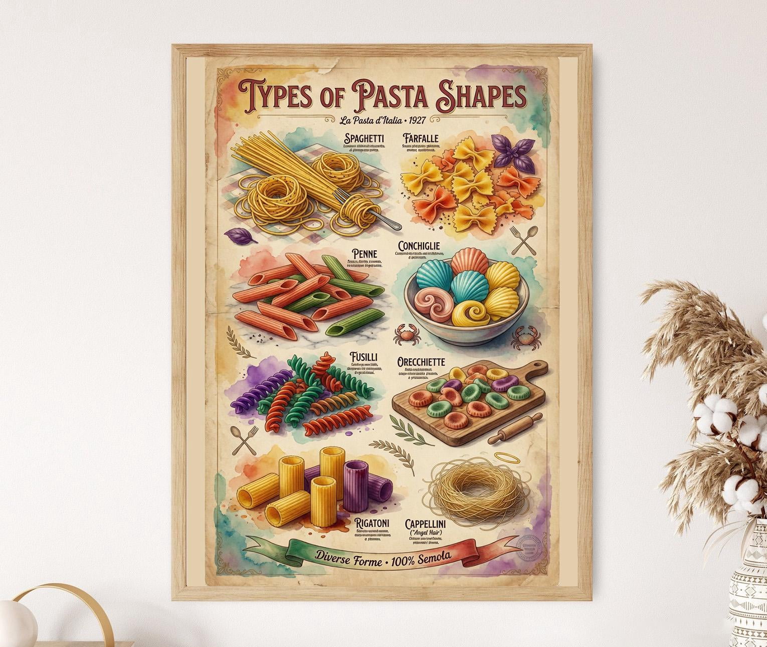 Italian Pasta Shapes Guide Traditional Pasta Varieties Kitchen Poster ...