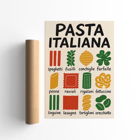 Italian Pasta Shapes Poster Kitchen Wall Art Food Lovers, Unframed Paper Poster 16x20in