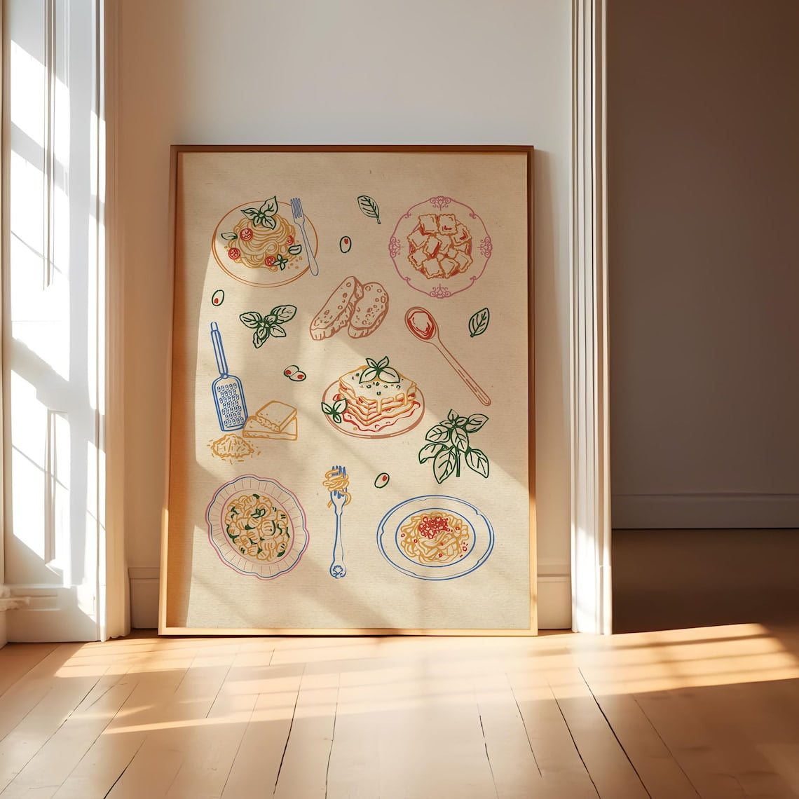Italian Pasta Wall Art, Whimsical Food Illustration, Spaghetti ...