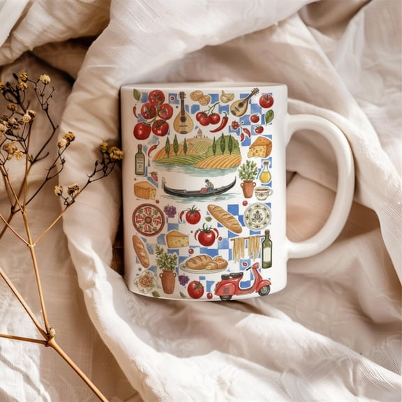 Italian Pattern Mug, Italover Gift, Pasta and Wine Cup, Mediterranean Dr, Foodie Gift, Vespa Art, Blue Checkered.