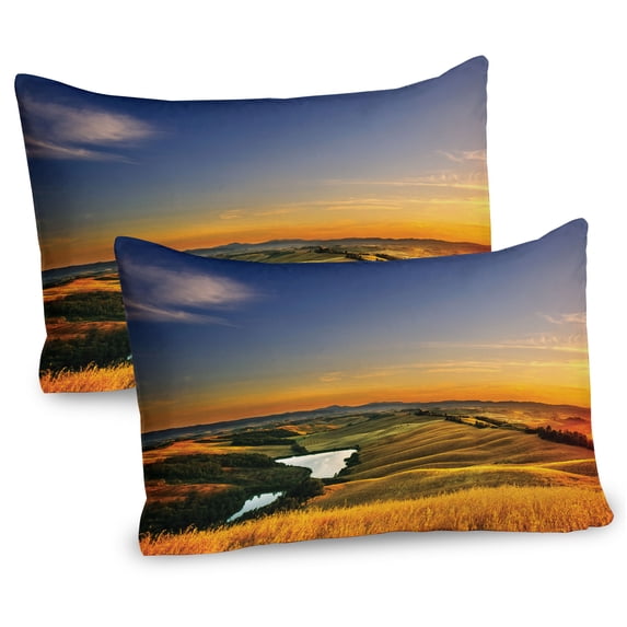 Italian Pillow Sham Set of 2, Photo of Mediterranean Rural in the Valley with a Small Lake Nature, Quality Microfiber Bedding Item for All Seasons, 26" x 20", Blue Yellow Green, by Ambesonne