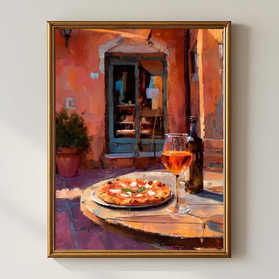 Italian Pizza And Wine Wall Art, Tuscan Courtyard, Mediterranean Kitchen Decor, Rustic Dining Room Artwork Print #3296, Unframed Poster Size 8x12
