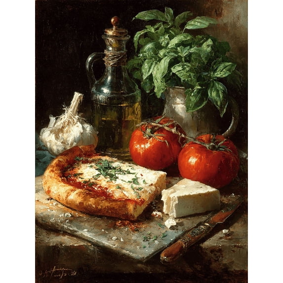 Italian Pizza Canvas Wall Art, Basil Food Still Life Print, Rustic Kitchen Dining Decor