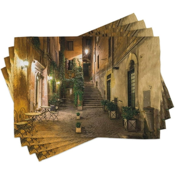 Italian Place Mats Set of 4, Old Courtyard Rome Italy Cafe Chairs City Historic Houses in Street, Washable Fabric Placemats for Dining Table, Standard Size, Orange Brown