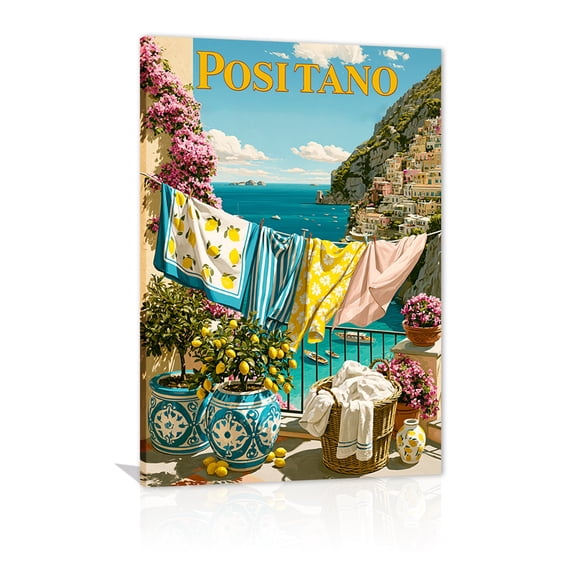 Italian Positano balcony canvas paintings, Amalfi Coast balcony scene, lemon and Mediterranean canvas paintings, suitable for kitchen, living room and coastal home wall decoration frames.