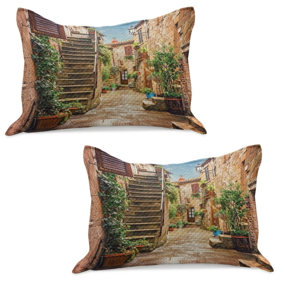 Italian Knitted Quilt Pillowcover Set of 2, View of Old Mediterranean Street Stone Rock Houses in Italy City Rural Print, Standard Queen Pillow Sham Bedroom, 30" x 20", Multicolor, by Ambesonne