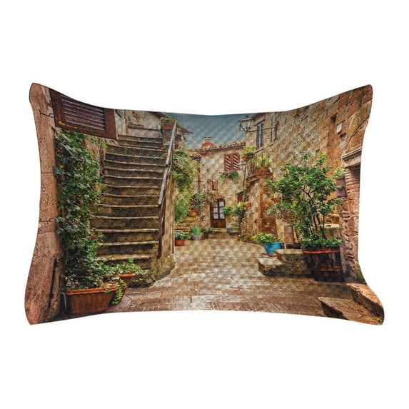 Italian Quilted Pillowcover, View of Old Mediterranean Street Stone Rock Houses in Italy City Rural Print, Standard King Size Accent Pillow Cover for Bedroom, 36" x 20", Multicolor, by Ambesonne