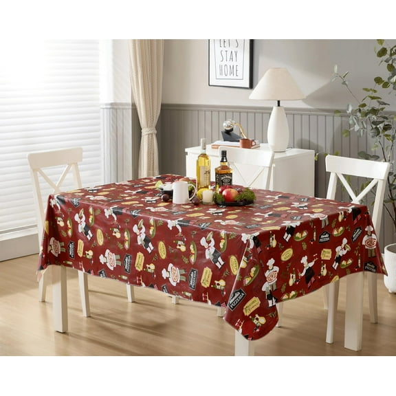 Italian Red Bistro Chef 52 x 70 inch Rectangle Vinyl Tablecloth with Flannel Backing for Party Dining