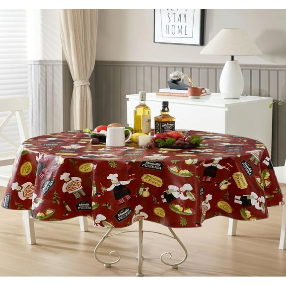 Italian Red Bistro Chef 60 x 84 inch Oval Vinyl Tablecloth with Flannel Backing for Party Dining