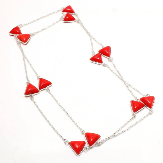 Italian Red Coral Gemstone Necklace Handmade Antique Chain Jewelry 36" CH 7130