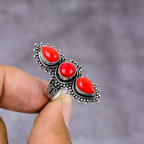 Italian Red Coral Handmade 925 Sterling Silver Jewelry Ring Size 7