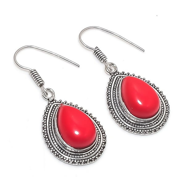 Italian Red Coral Pear Shape Gemstone Earrings Handmade Jewelry 1.7" MXE 5494