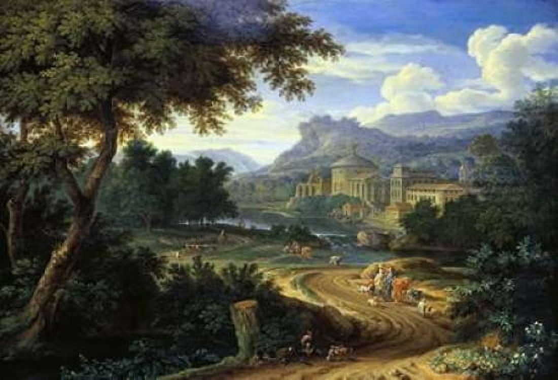 Italian River Landscape with Herdsman and Cattle Canvas Art - Boudewyns (20 x 28)