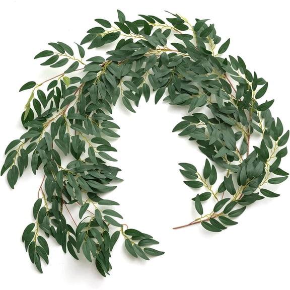 Italian Ruscus Greenery, 5.9ft Artificial Silk Willow Leaf Garland, Wispy Rustic Vine Stem Swag for Table Centerpieces Wedding Arch Decor, Dark Green