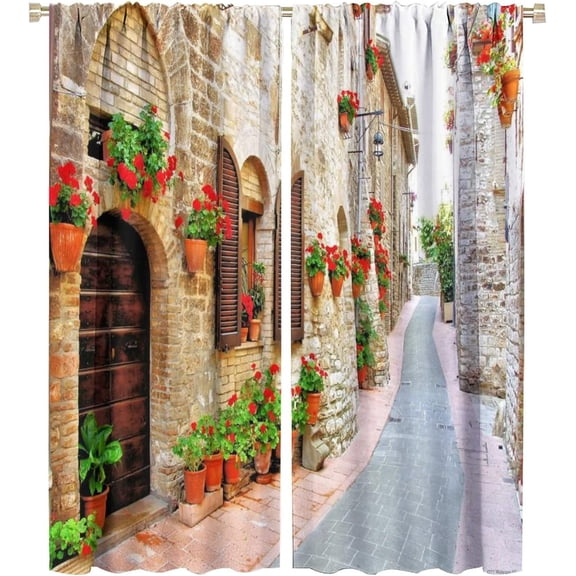 Italian Scenery Blackout Curtain,Italian Street Romantic Flowers Floral Print Window Drapes for Bedroom Living Room Kitchen Cafe Office Decor Thermal Insulated Darkening Drapes 42x54 Inch