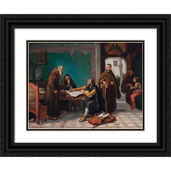 Italian School 24x19 Black Ornate Framed Double Matted Museum Art Print Titled: Christopher Columbus at the Monastery of Rabida (19th Century)