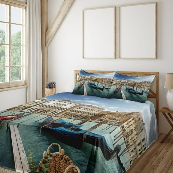 Italian Sheet Set, Gondolas in the Venetian Adriatic Lagoon Historical Venezia Photo, Fitted and Flat Sheet with Pillowcases Bedding Accent 4 Piece Set, Full, Almond Green Sand Brown, by Ambesonne