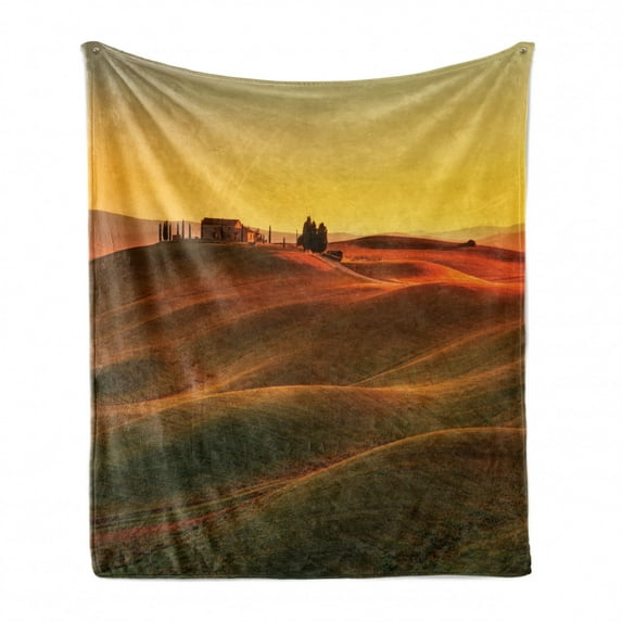 Italian Soft Flannel Fleece Blanket, Rural Landscape of European Mediterranean Old House in Countryside Farm Print Art, Cozy Plush for Indoor and Outdoor Use, 50" x 60", Orange White, by Ambesonne