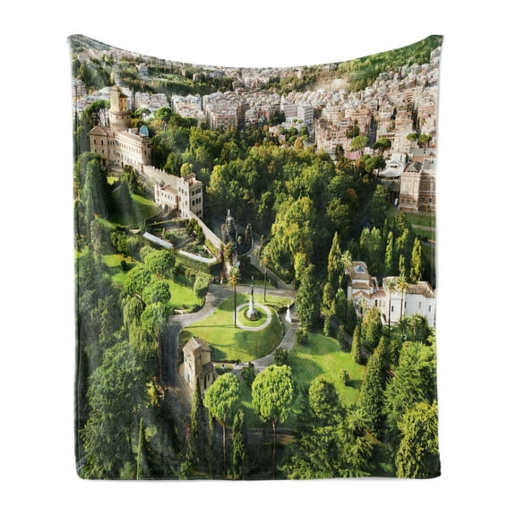 Italian Soft Flannel Fleece Blanket, Vatican Gardens European Historic Landmark with Famous Monument Picture Print, Cozy Plush for Indoor and Outdoor Use, 60" x 80", White Green Tan, by Ambesonne