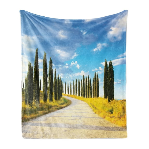 Italian Soft Flannel Fleece Blanket, View of Earth Road Path Between Trees Row in Mediterranean Historic Culture, Cozy Plush for Indoor and Outdoor Use, 50" x 60", Cream Green Blue, by Ambesonne