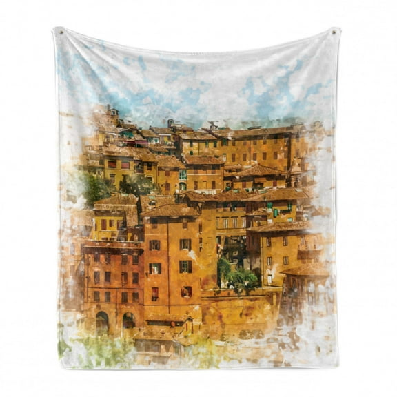 Italian Soft Flannel Fleece Throw Blanket, Faded Historic Photo Italian Town with Old Traditional Buildings Retro, Cozy Plush for Indoor and Outdoor Use, 60" x 80", Orange White, by Ambesonne