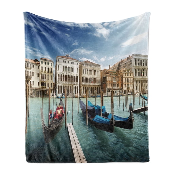 Italian Soft Flannel Fleece Throw Blanket, Gondolas in the Venetian Adriatic Lagoon Historical Venezia Photo, Cozy Plush for Indoor and Outdoor Use, 70" x 90", Almond Green Sand Brown, by Ambesonne