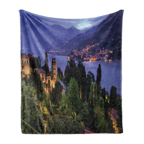 Italian Soft Flannel Fleece Throw Blanket, Lago Di Camo Lake Famous Coastal Village with Aerial View Picturesque Panorama, Cozy Plush for Indoor and Outdoor Use, 50" x 60", Blue Green, by Ambesonne
