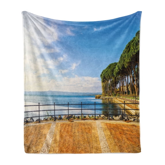Italian Soft Flannel Fleece Throw Blanket, Terrace Promenade Balcony and Pine Trees in Bolsena Lake Italy Print, Cozy Plush for Indoor and Outdoor Use, 50" x 60", Blue and Pale Brown, by Ambesonne