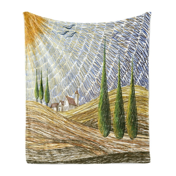 Italian Soft Flannel Fleece Throw Blanket, Van Gogh Style Italy Valley Rural Fields European Scenery Painting Print, Cozy Plush for Indoor and Outdoor Use, 50" x 70", Multicolor, by Ambesonne