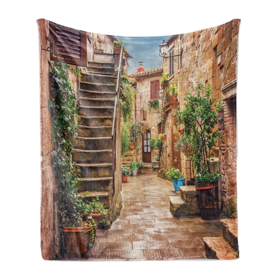 Italian Soft Flannel Fleece Throw Blanket, View of Old Mediterranean Street Stone Rock Houses in Italy City Rural Print, Cozy Plush for Indoor and Outdoor Use, 50" x 70", Multicolor, by Ambesonne