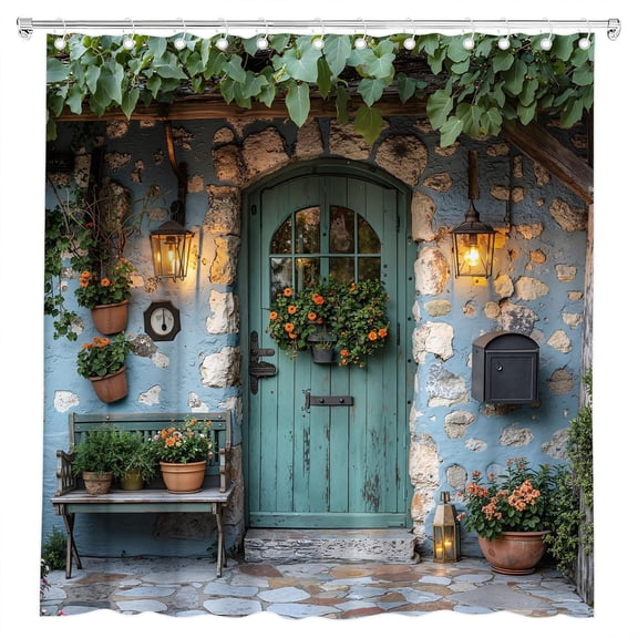 Italian Street Shower Curtain Rustic Garden Door Brick Wall Mediterranean Tuscan City Courtyard Plant Spring Floral Bath Curtain Fabric Bathroom Accessories Decor with Hooks-72"W x 72"L (Pack of 1)