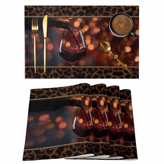 Italian Style Placemats Set of 4 Modern Red Wine Leopaed Print Stripe Place Mats Indoor Wipeable Table Mats Washable Cloth Dining Table Placemats for Kitchen Holiday Party Home Decor 13x19 Inch