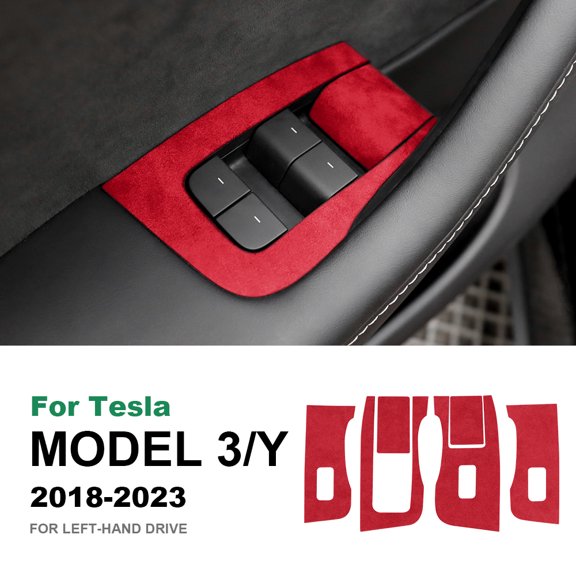 Italian Suede Car Window Lift Cover for Tesla Model 3 Model Y 2018-2023 Car Interior Decoration Left-Hand Drive 6pcs, Red