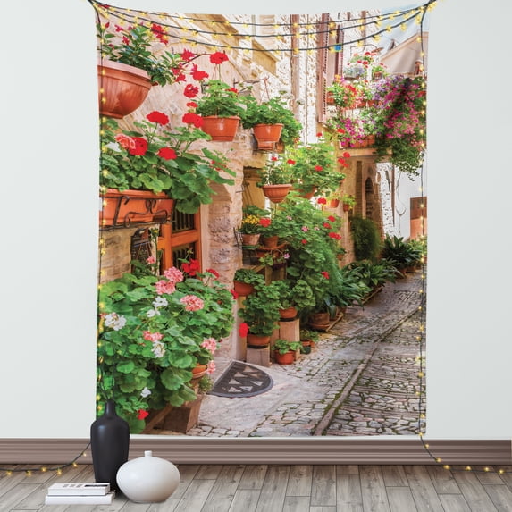 Italian Tapestry, Street View of a Small Renaissance Town with Floral Porches and Rock Mediterranean, Wall Hanging for Bedroom Living Room Dorm Decor, 60W X 80L Inches, Multicolor, by Ambesonne