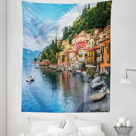 Italian Tapestry, Summer Village by the Mediterranean Sea with Yacht Boats Idyllic Town Panorama, Fabric Wall Hanging Decor for Bedroom Living Room Dorm, 5 Sizes, Multicolor, by Ambesonne