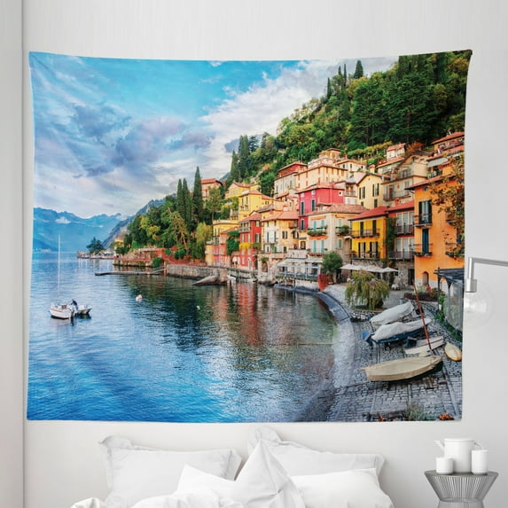 Italian Tapestry, Summer Village by the Mediterranean Sea with Yacht Boats Idyllic Town Panorama, Fabric Wall Hanging Decor for Bedroom Living Room Dorm, 5 Sizes, Multicolor, by Ambesonne