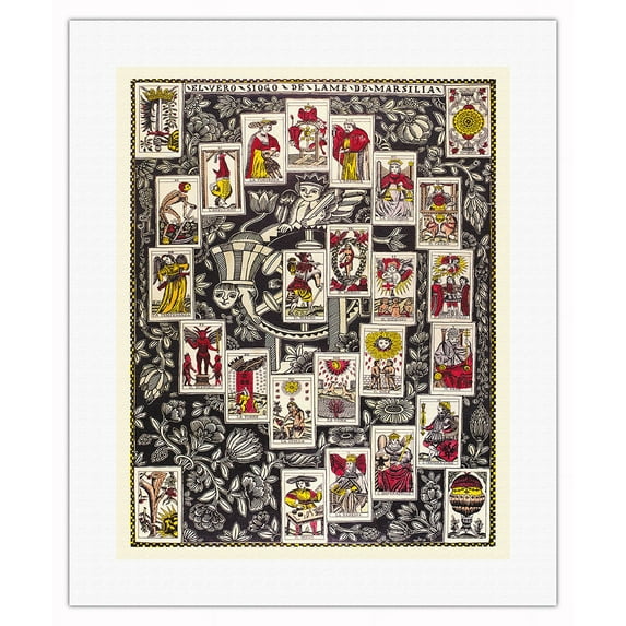 Italian Tarot Deck - Tarot of Marseilles - Vintage Magic Poster c.1860 - Fine Art Rolled Canvas Print 16in x 20in