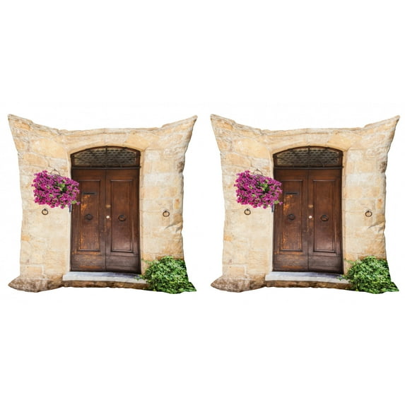 Ambesonne Scenery Throw Pillow Cover 2 Pack, Rusty Wood Door Italian, 16", Cream Lilac Brown
