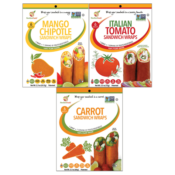 Italian Tomato, Carrot & Mango Chipotle Sandwich Wraps (Three-Pack Variety)  Vegan, Gluten-Free, Low-Carb, Plant-Based Tortilla Alternatives  Non-GMO, Paleo-Friendly