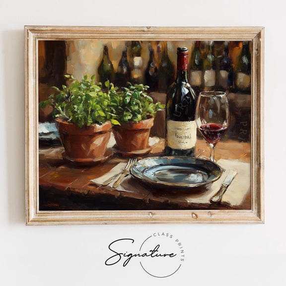 Italian Trattoria Table With Wine, Rustic Farmhouse Kitchen Decor, Vintage Dining Art, Warm Earthy Wall, 3582 Home Decor, 8x12 UNFRAMED