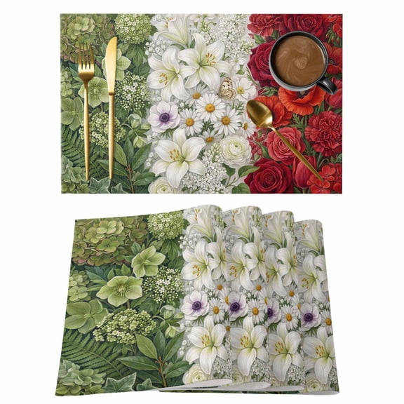 Italian Tricolor Floral Placemats Set of 1, Watercolor Green White Red Flowers Botanical Non-Slip Place Mats Washable Table Mats for Kitchen Dining Table Decorations Indoor/Outdoor