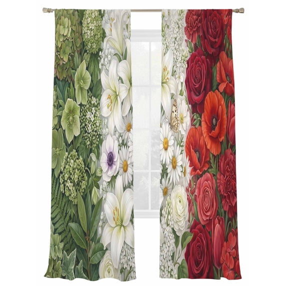 Italian Tricolor Floral Sheer Curtains 2 Panels Set Watercolor Green White Red Flowers Botanical Sheer Window Curtains Light Filtering Rod Pocket Voile Drapes for Bedroom Living Room 52"X84"