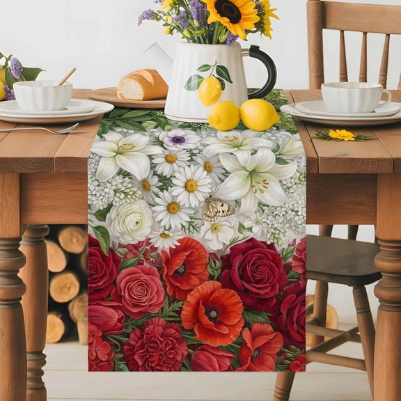 Italian Tricolor Floral Table Runner 13x36 Inch Watercolor Green White Red Flowers Botanical Cotton Linen Dining Table Runner Ideal for Dresser Kitchen Coffee Tables - Machine Washable