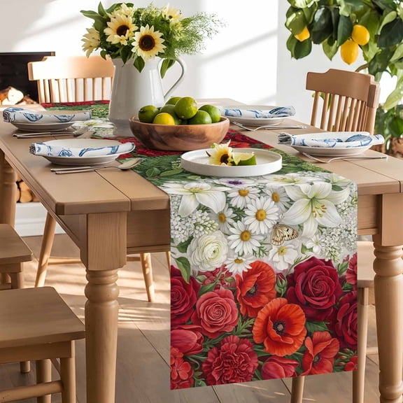 Italian Tricolor Floral Table Runner, Watercolor Green White Red Flowers Botanical Washable Kitchen Table Runners Dress Scarves for Dining Table Decorations Party/Restaurant, 13x36in