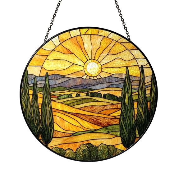 Italian Tuscan Hills Stained Glass Style Window Art, Warm Mediterranean Home Accent