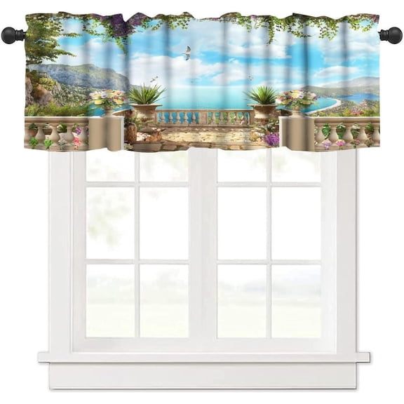 Italian Valance Curtain Old Stone Arch View The Sea Balcony Fresco Garden Plants Art Rod Pocket Valance Window Treatments Short Curtains for Kitchen Living Room 54x18inch
