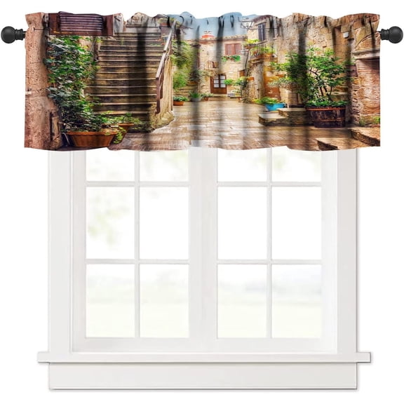 Italian Valances Curtains Old Mediterranean Street Stone Rock Houses in Italy City Rural Print, Windows Short Curtain Valance for Kitchen Living Room Bathroom with Rod Pocket, One Panel 54X18 Inches