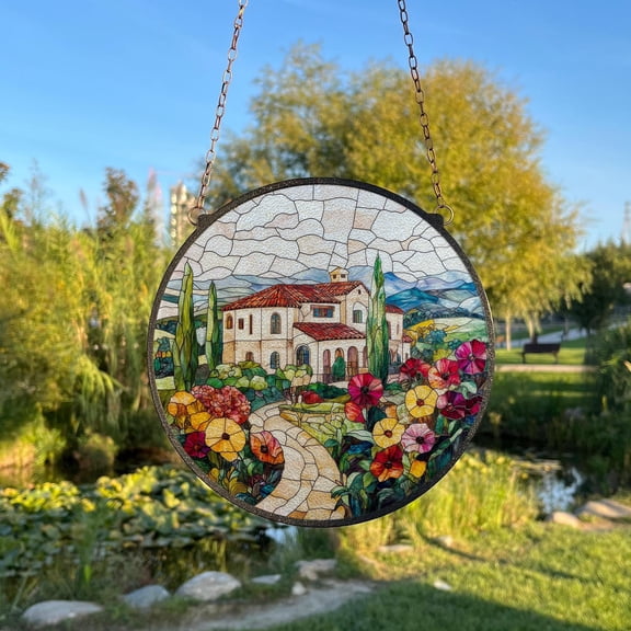 Italian Villa Painted Stained Glass Suncatcher, Window Hanging Decor, Outdoor Sun Catcher Decor, MirrorballÃ‚&nbsp;WallÃ‚&nbsp;Decor