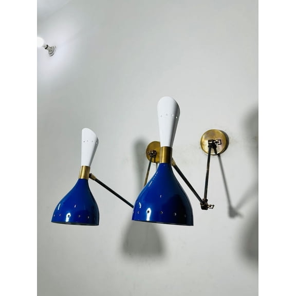 Italian Wall Sconce Pair Blue and White - Brass Wall Light Diablo Lamps - Sputnik Wall Sconce Stilnovo Style Light Fixtures for Home Decor