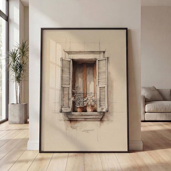 Italian Window Wall Art Rustic Shutters Decor Mediterranean Wall Decor Floral Window Artwork, Unframed Paper Print